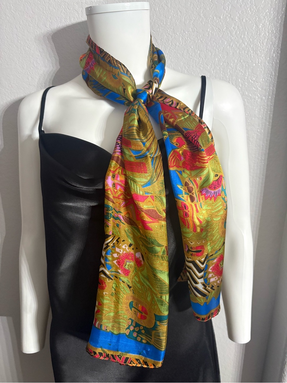 Vibrant Multicolor 100% Silk Scarf with Green Base